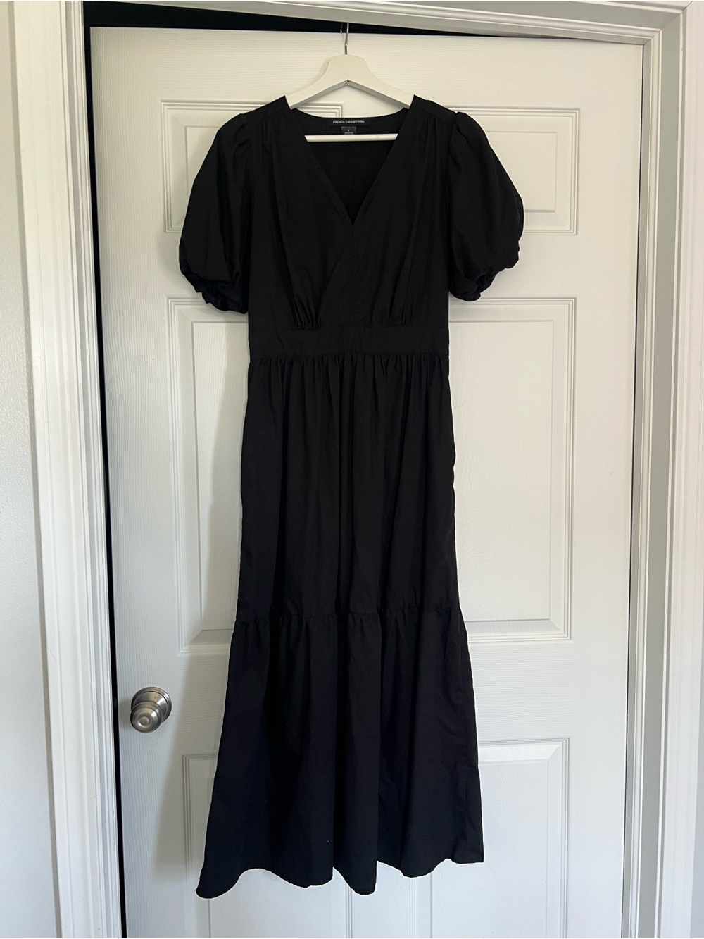 French Connection Black Puff-Sleeve V-Neck Maxi Dress